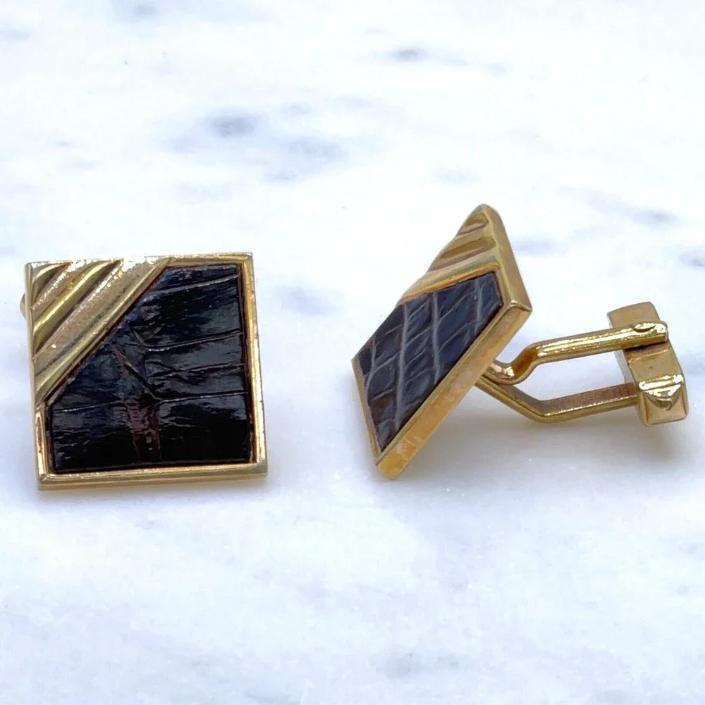 SWANK Vintage Gold Tone Brown Animal/Leather Detail Square Bullet Back Cufflinks